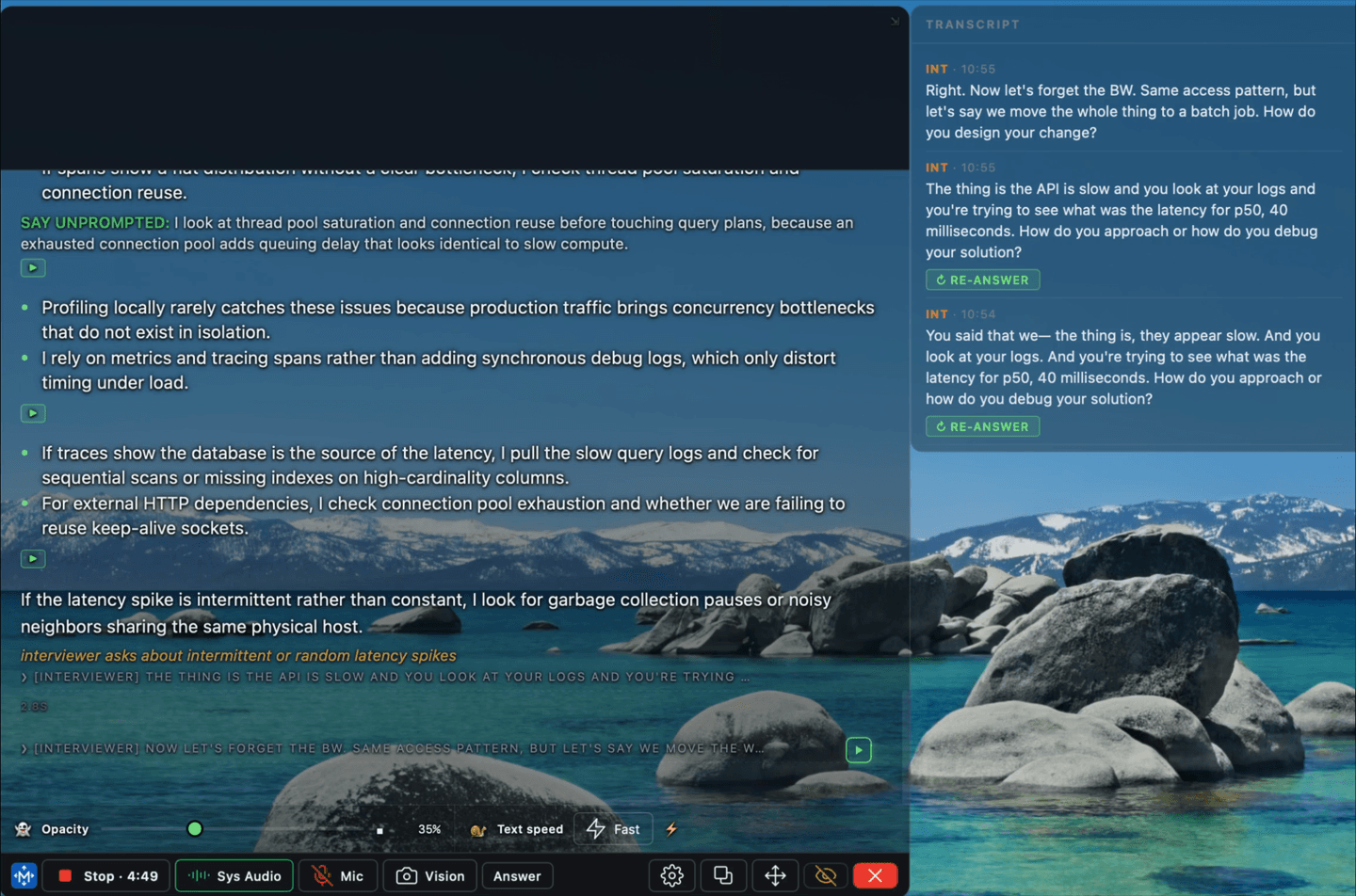 The MiPrep heads-up display over a desktop during a staged session: a prepared answer about tail latency and connection-pool exhaustion, laid out in speakable points, with the interviewer's questions in a live transcript panel alongside.