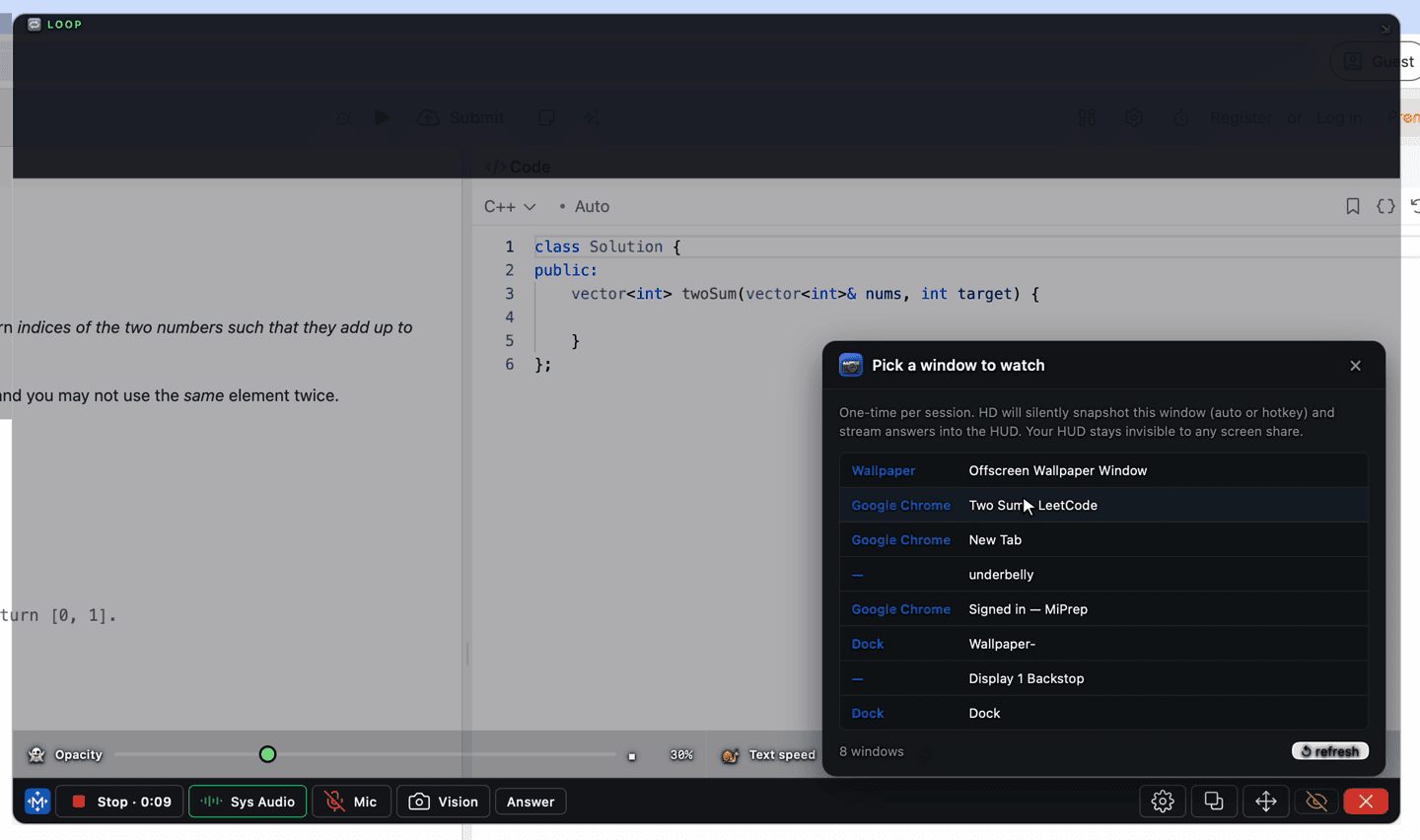 A coding exercise open in a browser next to an editor, with MiPrep's window picker asking which single window to watch — the way MiPrep reads a problem nobody has read out loud.